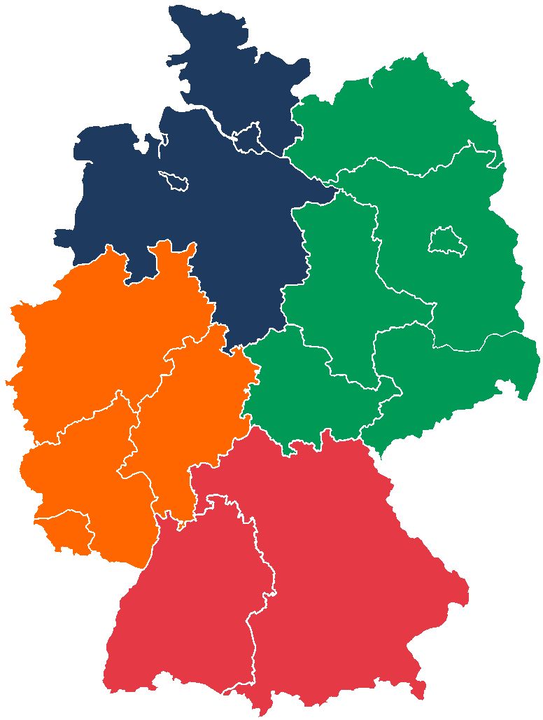 Karte der RadioGruppe Deutschland – Regionen Nord, Ost, Süd, West